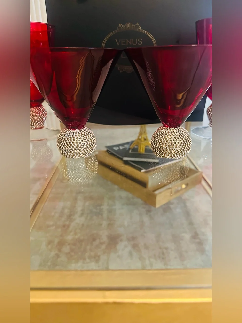 Crystal Red Martini Glasses with Rhinestone Ball Stem
